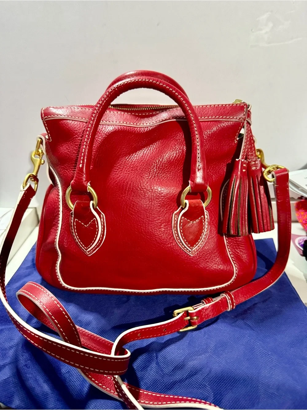 Dooney & Bourke Red Leather Satchel Tassel Crossbody Strap Florentine Savannah